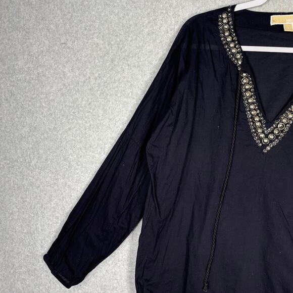 Michael Kors Top Womens Large Navy Embellished Popover Thin Boho Blouse READ - Picture 3 of 13
